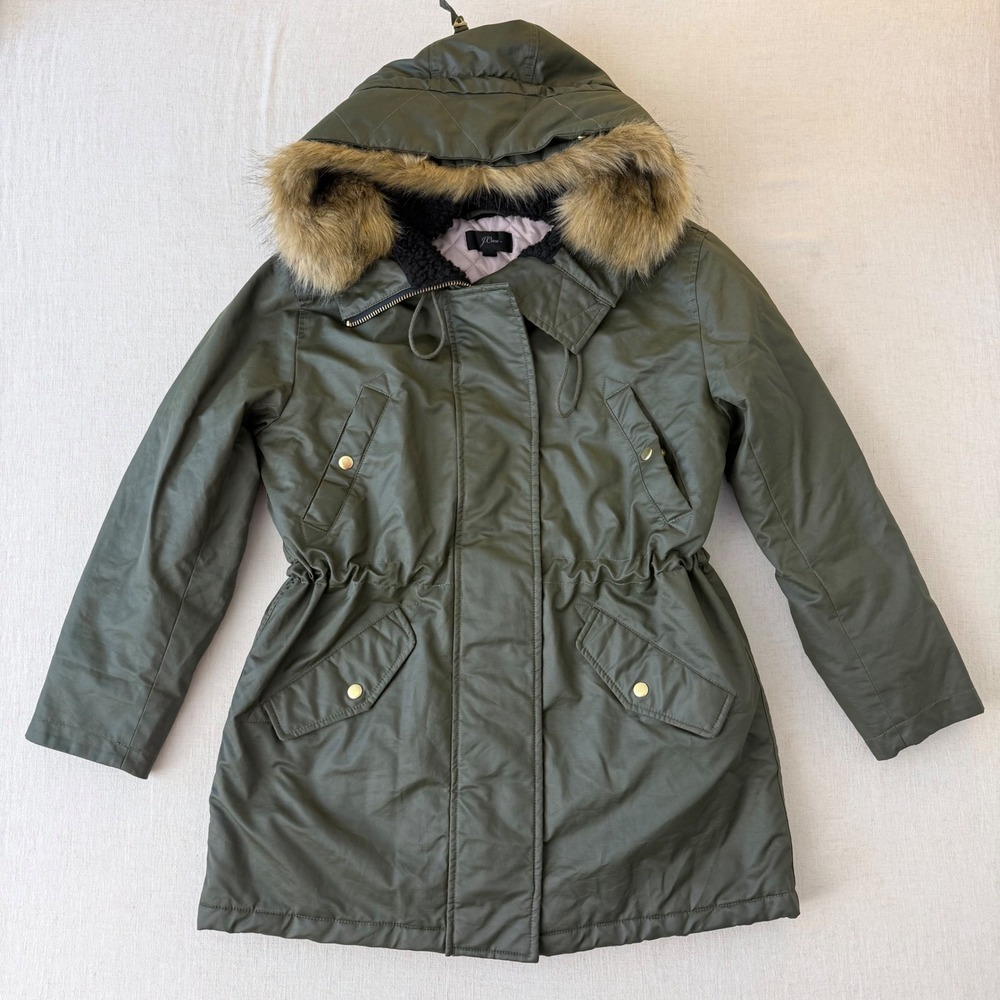 J.Crew Perfect Winter Parka Primaloft Faux Fur Trim Hooded Womens LP Green